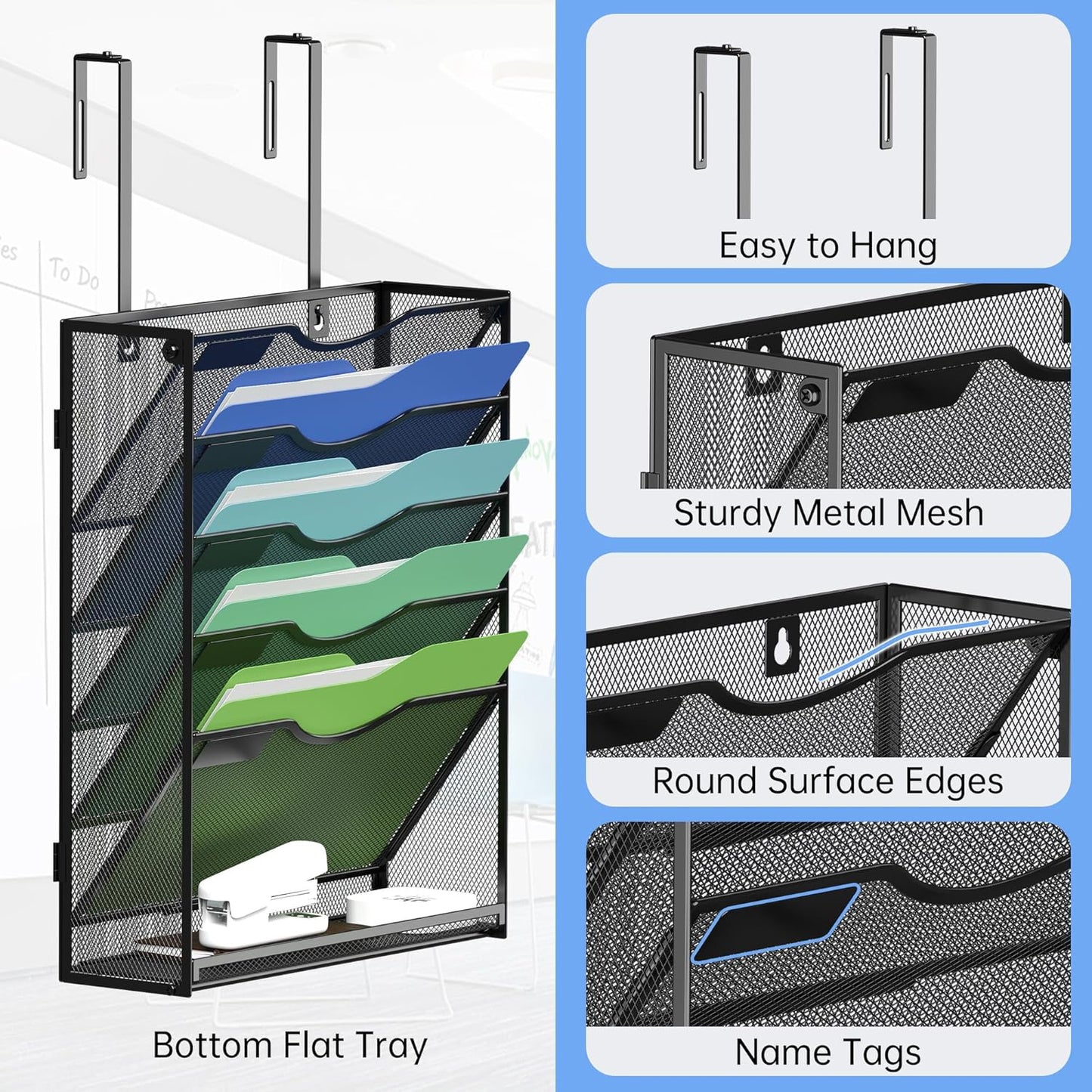 Kuntine.B Wall File Organizer Office Hanging Magazine Holder Wall File Organizer for Office Home (Black, 6 Tier & Hangers)