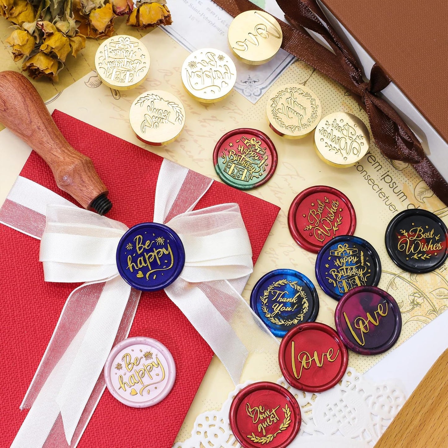 SWANGSA Phrases Wax Seal Stamp Set, Vintage 6 Pcs Sealing Wax Stamp Heads and 1 Wooden Handle for Wedding, Party Invitations, Letters, Envelopes, Christmas
