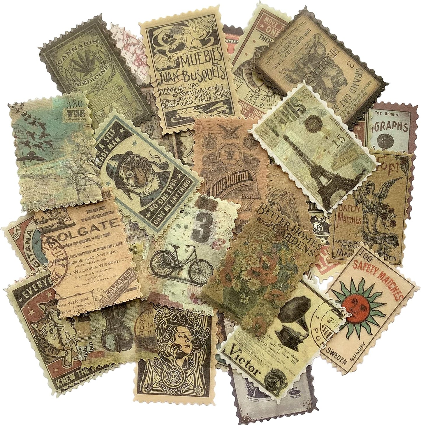 60pcs Vintage Postage Stamp Stickers, Aesthetic Modern Deco Paper Sticker for Scrapbooking, Journaling Supplies, Planners, Kid DIY Art Crafts