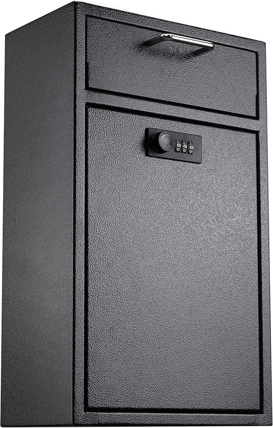 Locking Wall Mailbox Drop Safe for Business - 1.2mm Heavy Duty Lock Box with Code - Vertical Tamper Proof Lock Box for Night Key, Deposit Collection, Cash (8.6'' x 4.75'' x 14.25'')