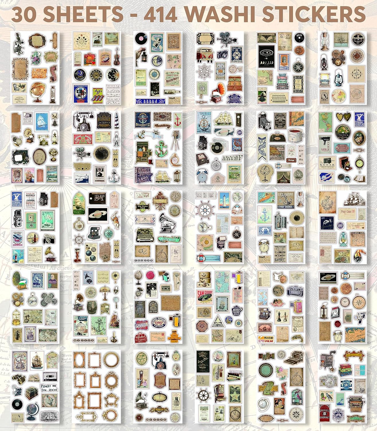 411 Vintage Washi Stickers & 20 Scrapbook Papers Ephemera for Junk Journals & Scrapbooking