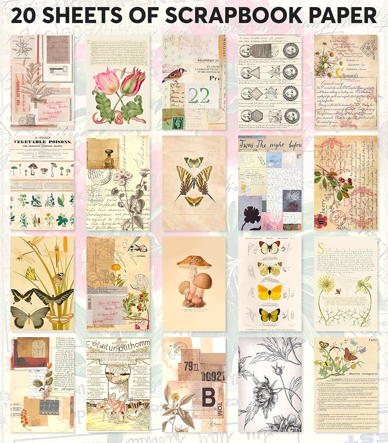 Vintage Washi Stickers for Journaling - Ephemera Book for Journaling with 414 Stickers & 20 Scrapbook Papers. Junk Journal Supplies, Scrapbooking Supplies