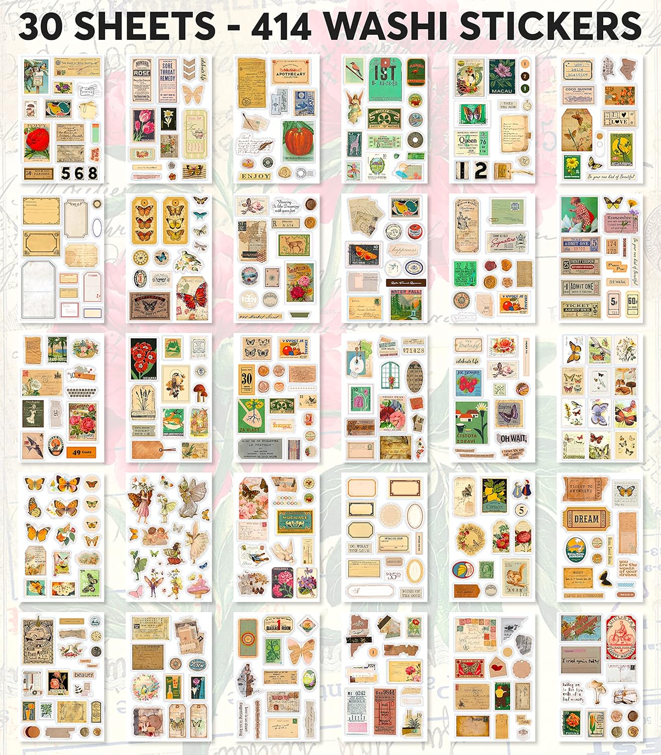 Vintage Washi Stickers for Journaling - Ephemera Book for Journaling with 414 Stickers & 20 Scrapbook Papers. Junk Journal Supplies, Scrapbooking Supplies