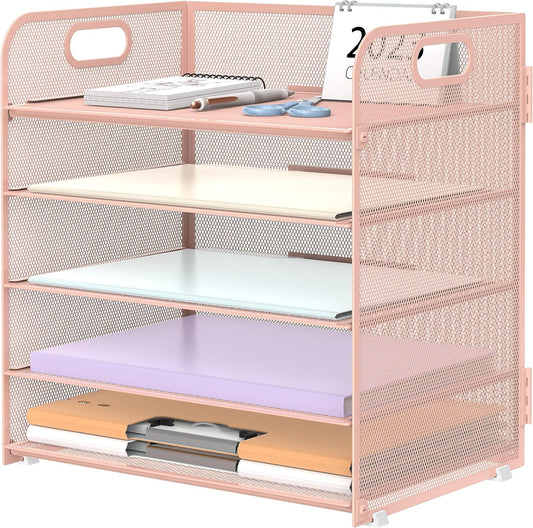 Supeasy 5 Trays Paper Organizer Letter Tray with Handle-Mesh Desk File Organizer, Paper Sorter Desk Organizer for Office, Home or School